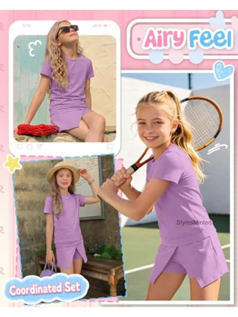 Girls 2 Piece Summer Skirt Set, Short Sleeve Top, Side Slit Skirt, Athletic